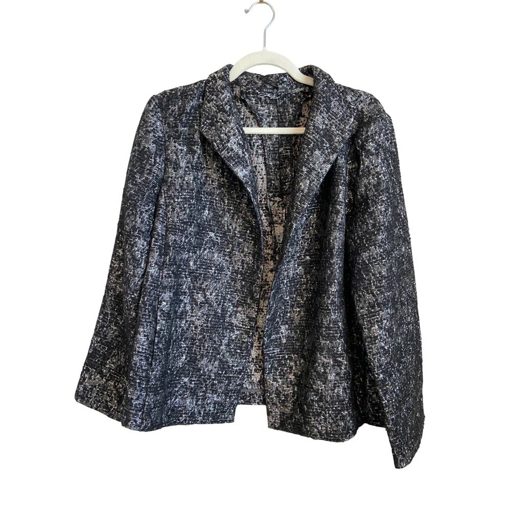 Eileen Fisher Womens Metallic Tweed Open Front Blazer Black Silver